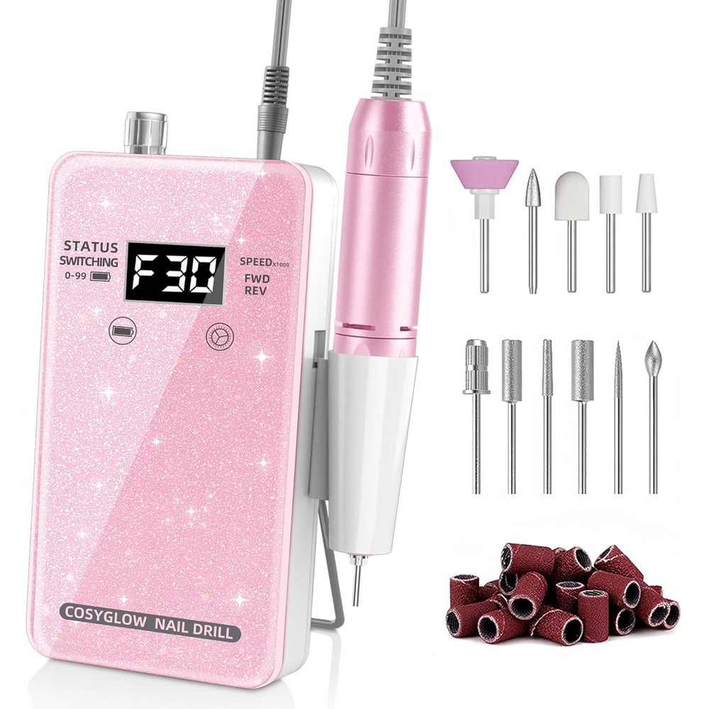 Professional Electric Nail Drill File:COSYGLOW Glitter Portable Cordless Pink