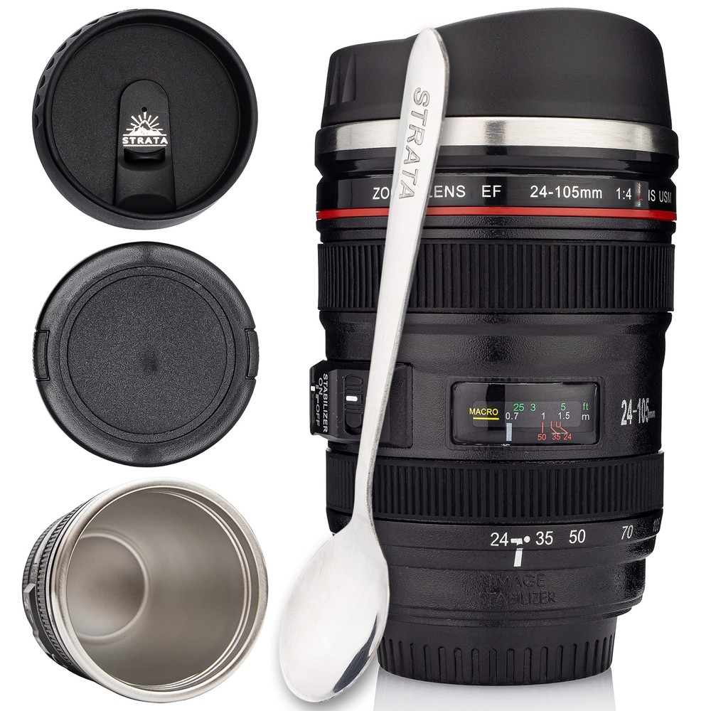 STRATA CUPS Camera Lens Coffee Mug -13.5oz | (2 LIDS + SPOON + BAG) Gifts for...