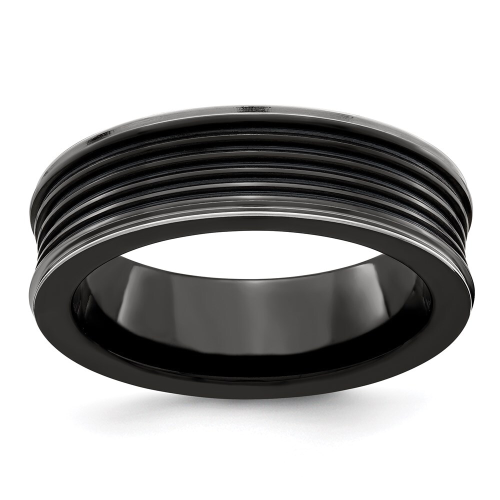 Black Titanium Polished Grooved Concave Ring Size 12 for Men 5.7gm
