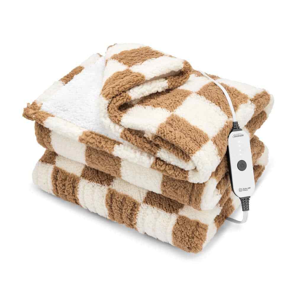 Electric Throw Nordic Sherpa Footpocket Heated Blanket, Checkerboard Clay Color,