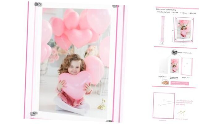 Picture Frames, Stunning Color Acrylic Photo Frame, Wall & Tabletop 5x7 Pink