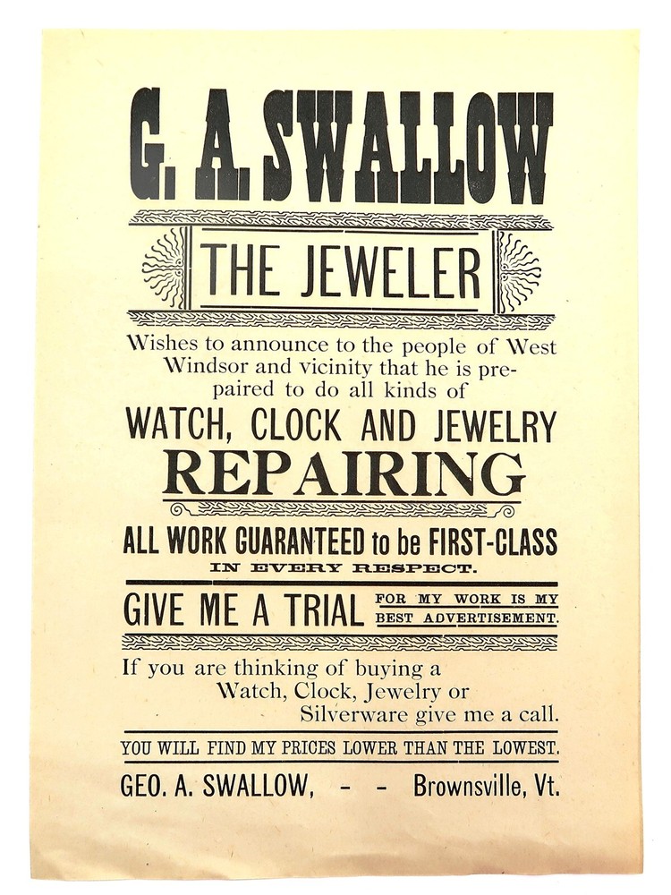 Antique WATCH CLOCK AND JEWELRY REPAIR Advertising Flyer G A Swallow Jeweler n2