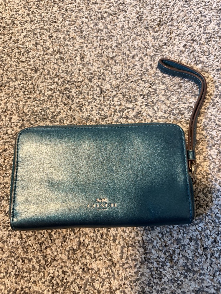 Coach Teal Wristlet Wallet Women's Solid with Bird Accent and Folding Feature