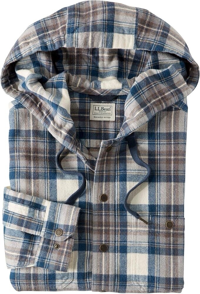 LL Bean Men's Scotch Plaid Flannel Snap Hooded Shirt