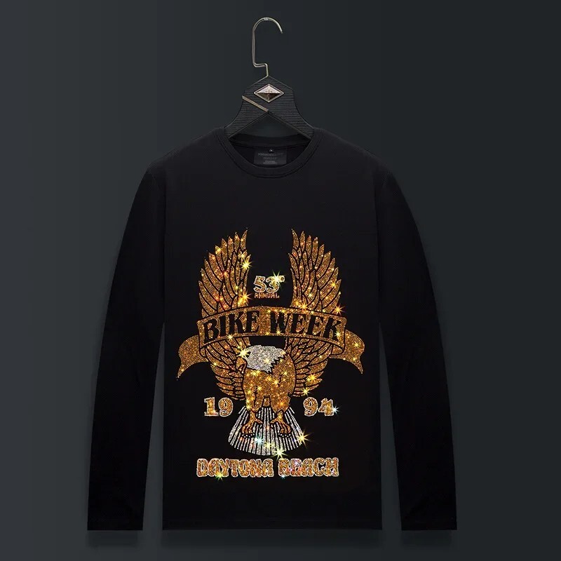 Fashion Eagle Trend Rhinestone Long Sleeve Luxury  Men T-Shirt Plus Size 6XL