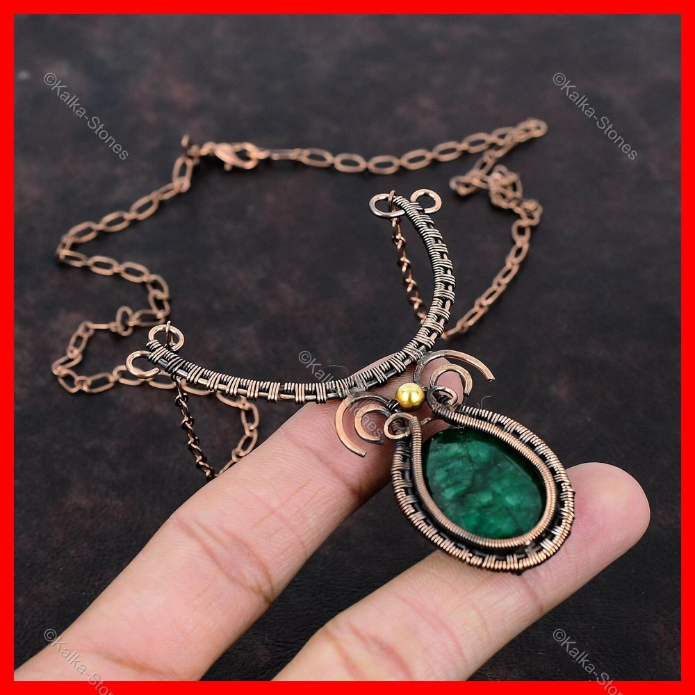 Women's Day Sale Copper Wire Wrapped Zambian Emerald Oval Necklace for Wife