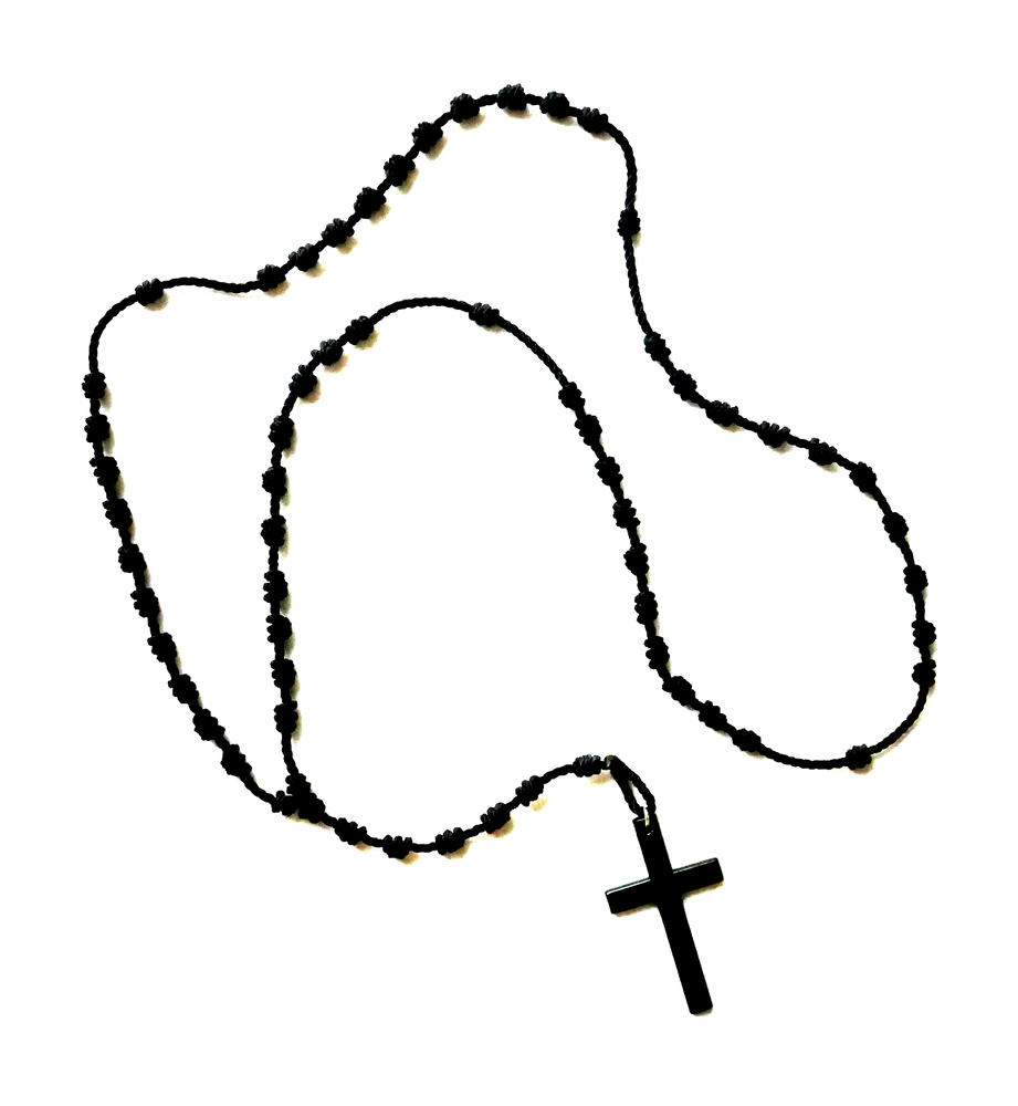 Quality Black Knotted Cord ROSARY with Black Cross and Pouch Included