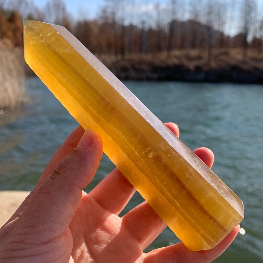 Natural Yellow Fluorite Crystal Obelisk Healing Wand 330g