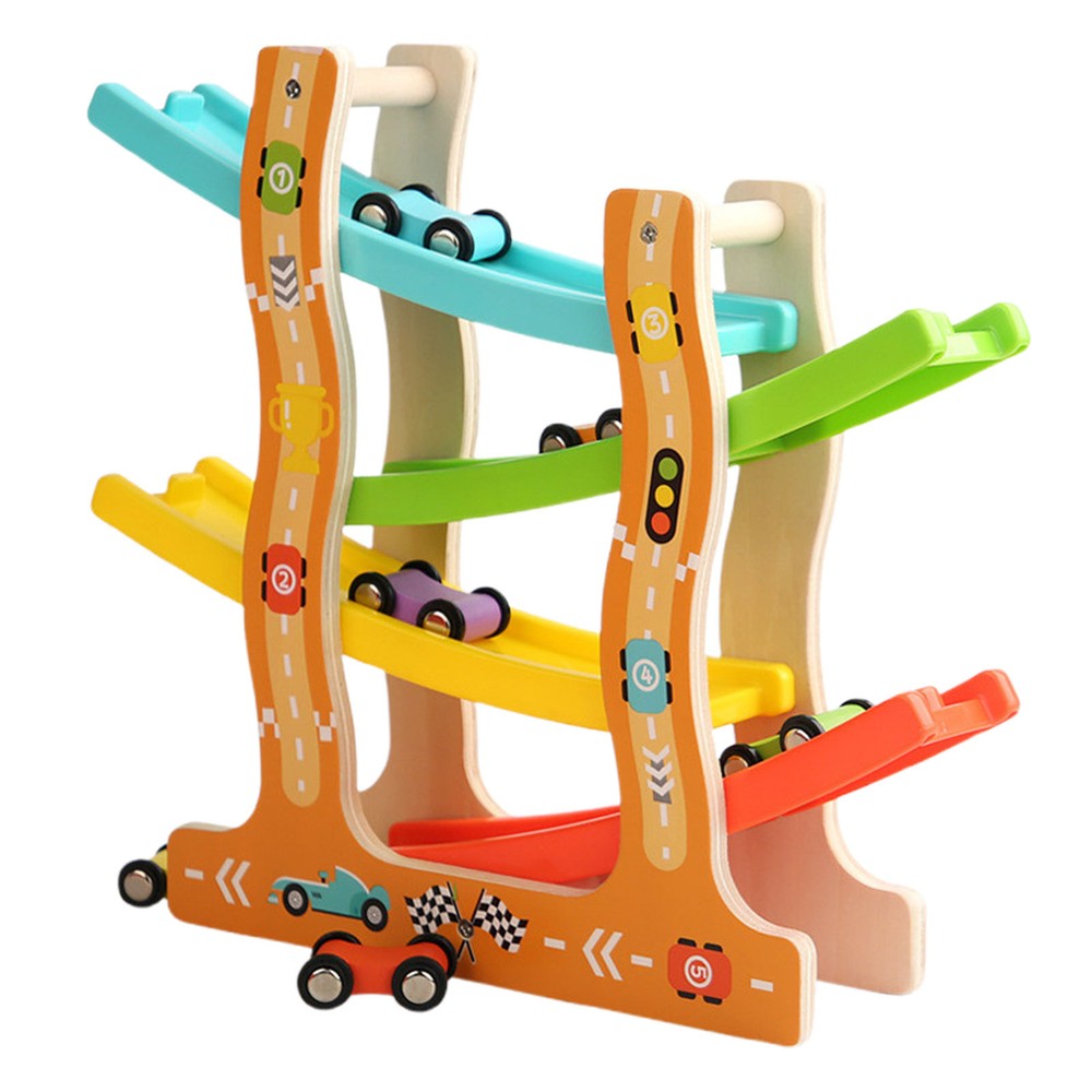 TOP Bright Wooden Race Track Car Ramp Toys For Toddlers With Mini Cars