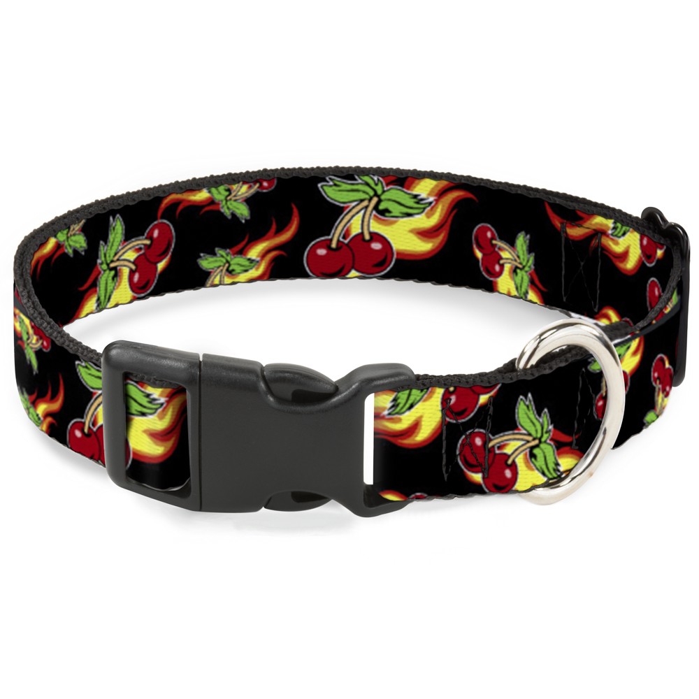 Plastic Clip Collar Flaming Cherries Scattered Black NARROW-Medium 8.5-12