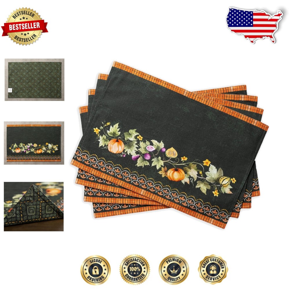 Set of 4 Cotton Placemats - Dark Green Pumpkin Garden Design for Elegant Dining