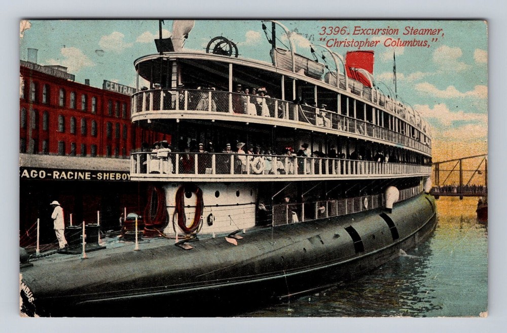 Excursion Steamer, Christopher Columbus, Ship, Vintage c1912 Souvenir Postcard