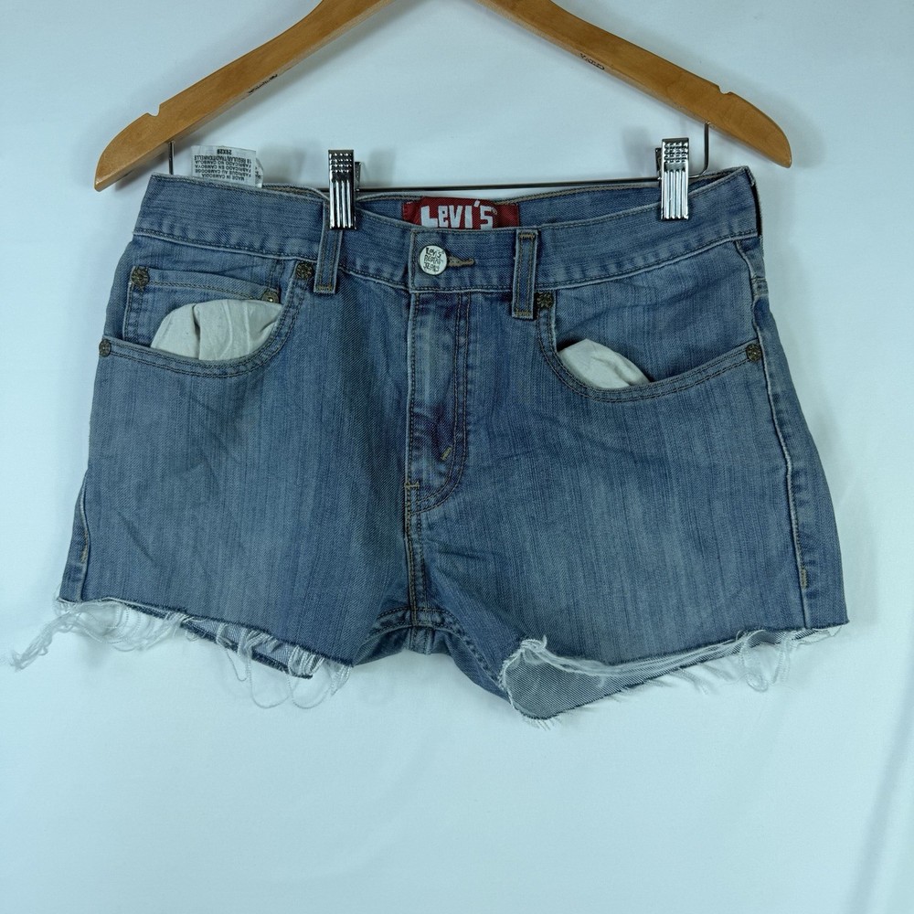 Levi's Cut Off Denim Shorts Mid Length Distressed Mid Rise Womens Blue Size 29
