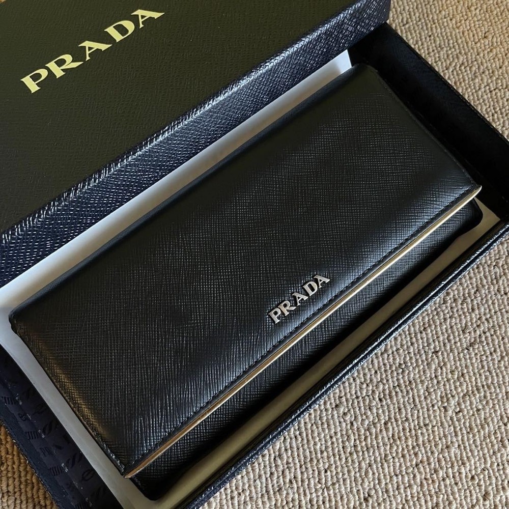 PRADA Round Zipper Long Wallet for Men and Women in Rare Black
