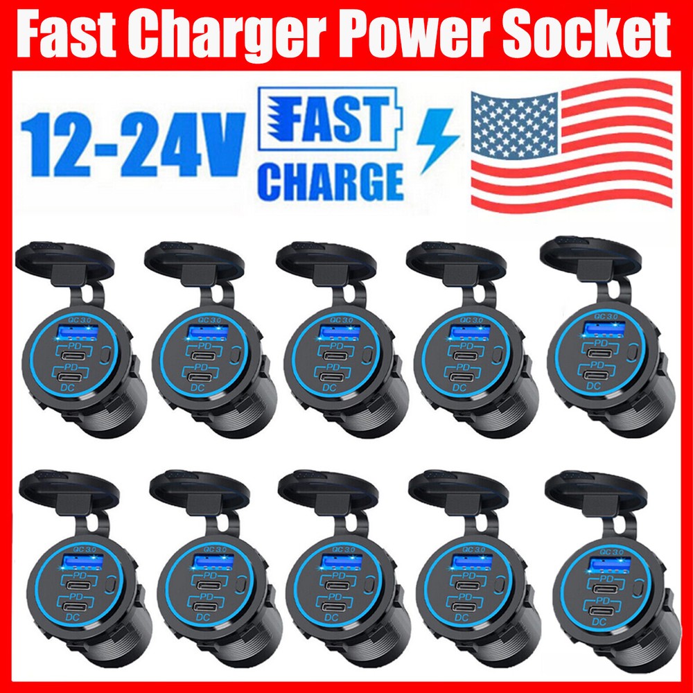 12-24V 3-Port Fast Car Charger with PD USB-C & QC3.0 for Cars Boats RVs