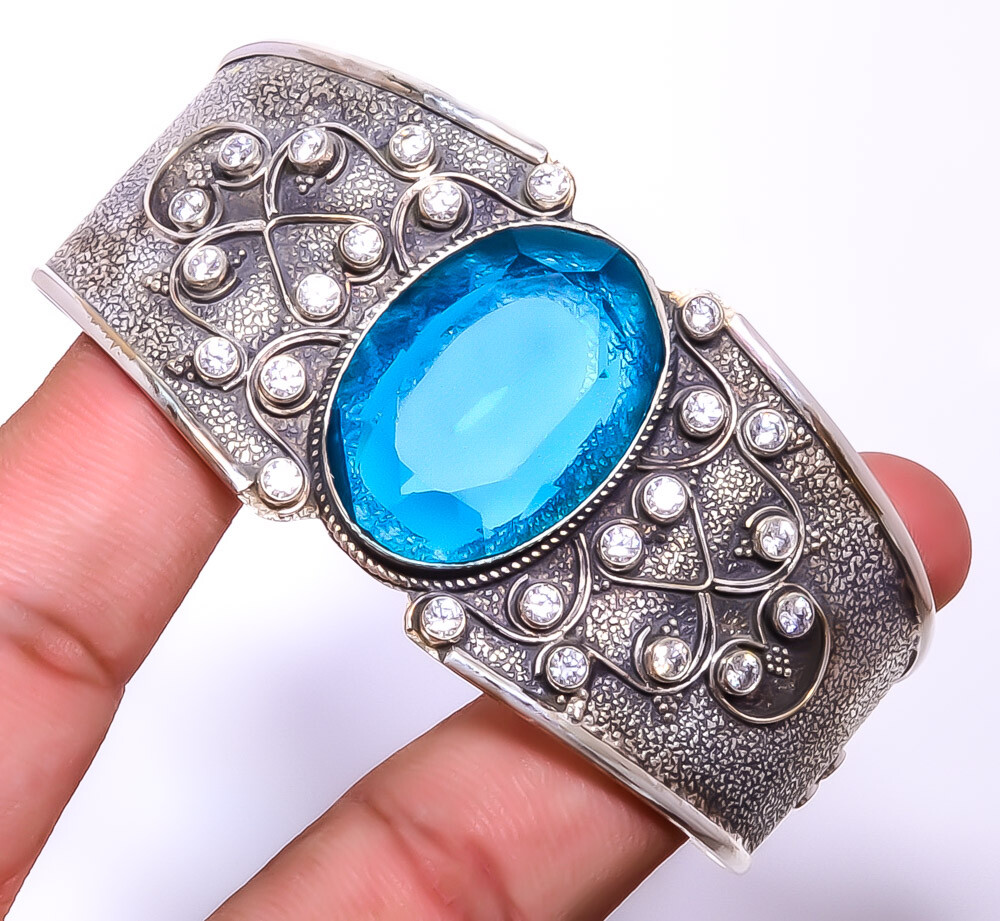 Blue Sapphire & Topaz (Simulated) 925 Sterling Silver Cuff Adst. T933 C1748-4