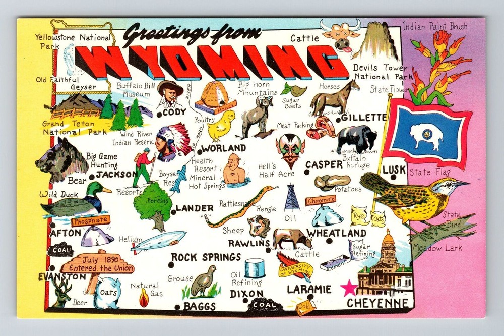 WY-Wyoming, Scenic Map Greetings, Landmarks, Vintage Postcard