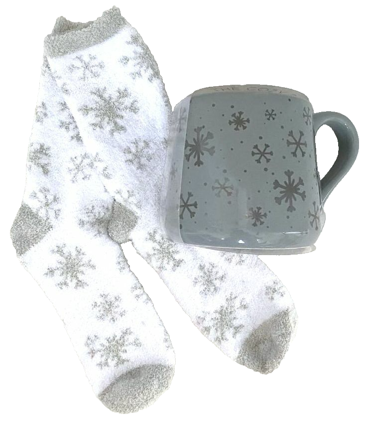 Boutique Saks Fifth Ave Silver SNOWFLAKE Ceramic MUG White Socks Set $28 New
