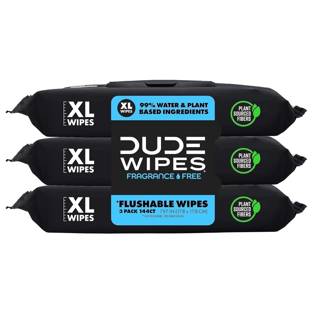 DUDE Wipes - Flushable Wipes - 3 Pack, 144 Wipes - Unscented Extra-Large Adult W