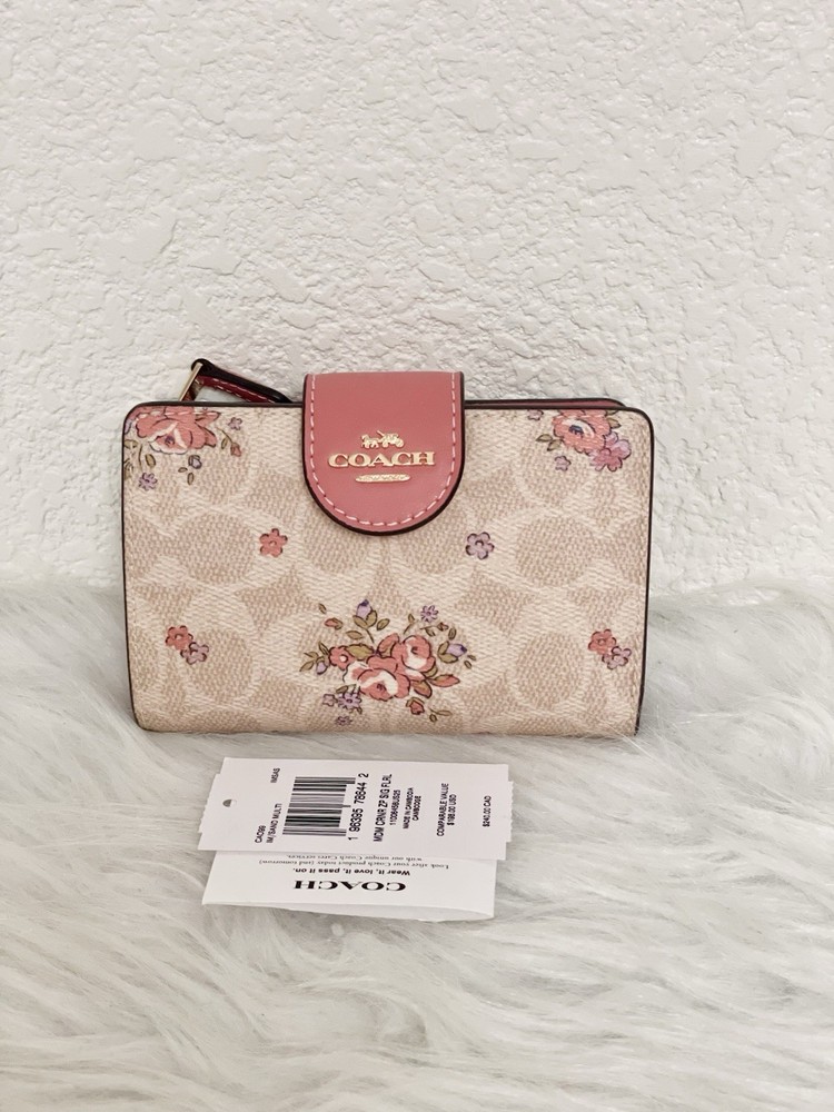 COACH CAO99 Medium Zip Wallet Floral Print in Signature Canvas & Leather