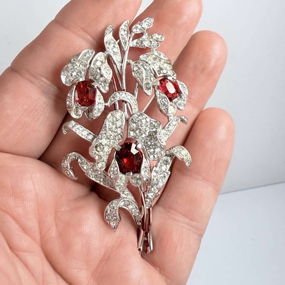 VTG CROWN TRIFARI Alfred Spaney Red Orchid Flower Rhinestone Brooch Signed Rare