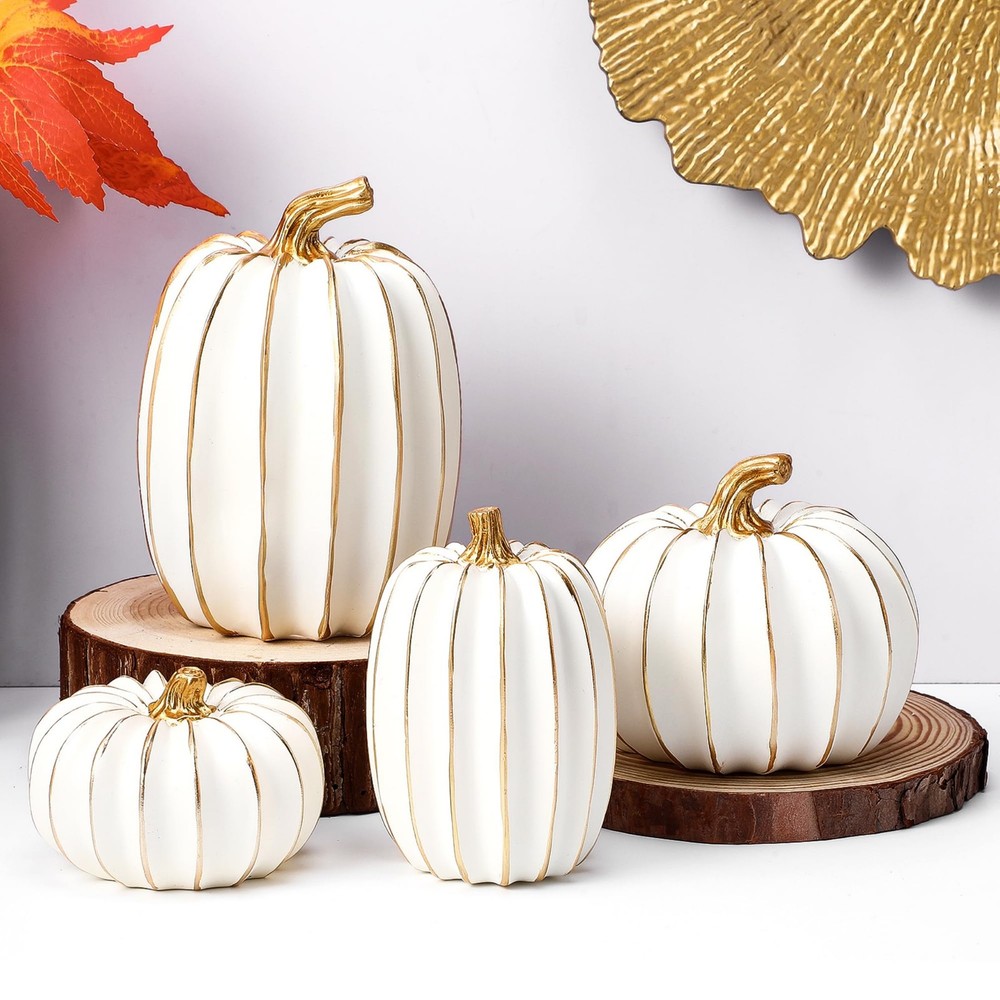 4 Pcs Fall Pumpkin Decor Resin Thanksgiving Fake Pumpkins Figurines for Decor...