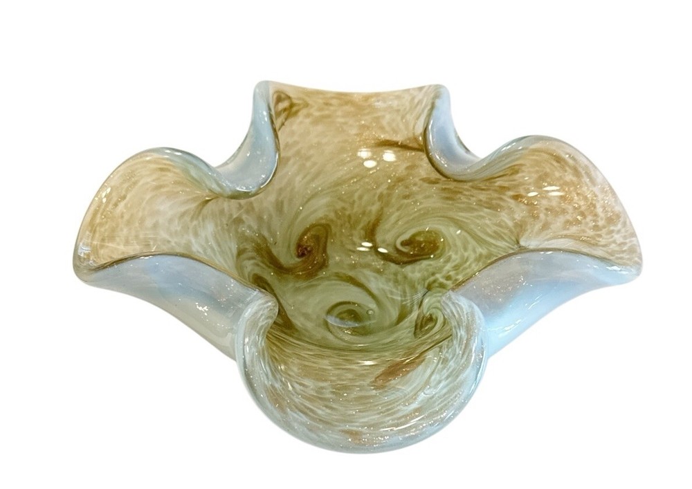 Murano Italy Gold Fleck Swirl Handblown Heavy Glass Bowl Vintage Decor