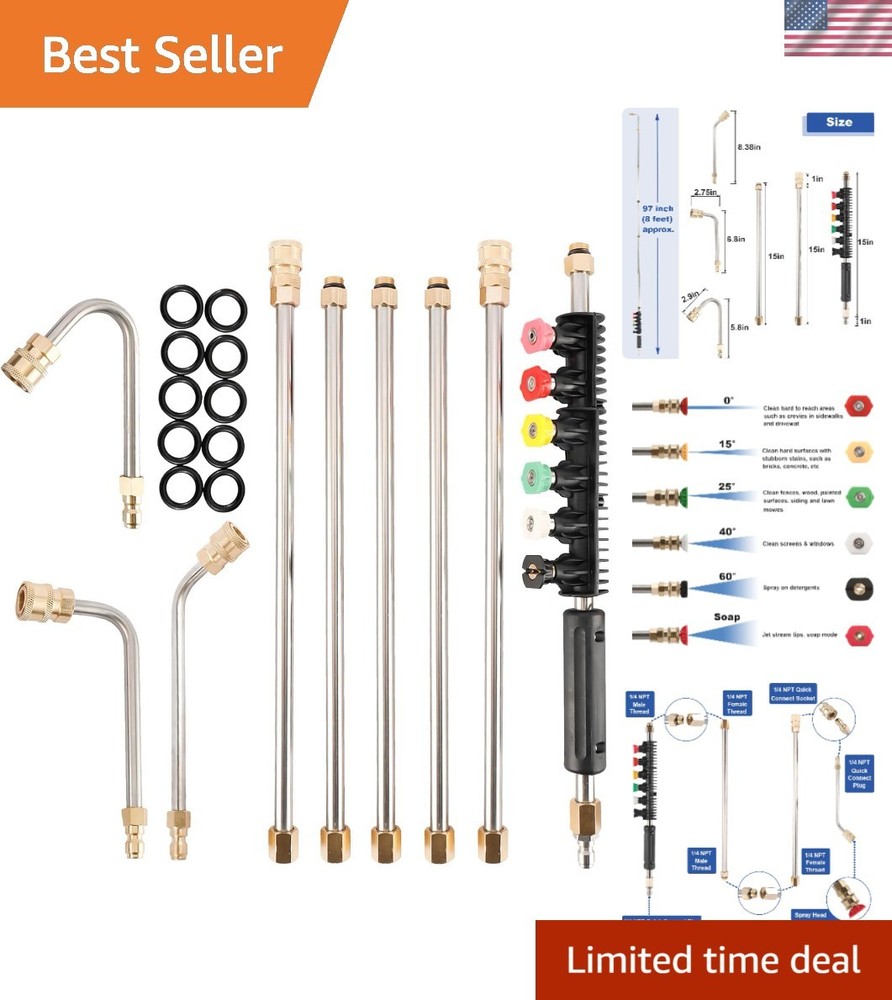 8FT Stainless Steel Pressure Washer Wand with Adjustable Brass Nozzle Tips