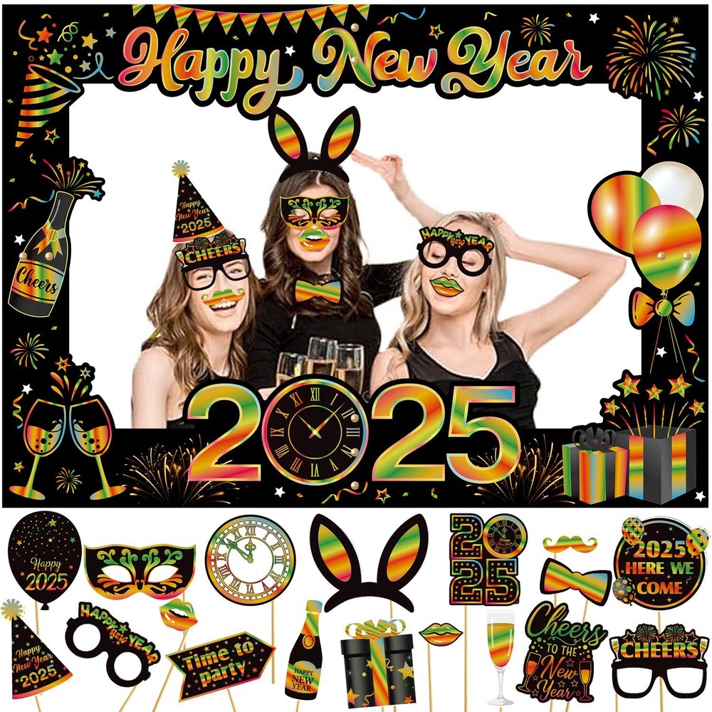 Colorful New Years Eve Decorations 2025 Giant Happy New Year Selfie Frame 18p...-image