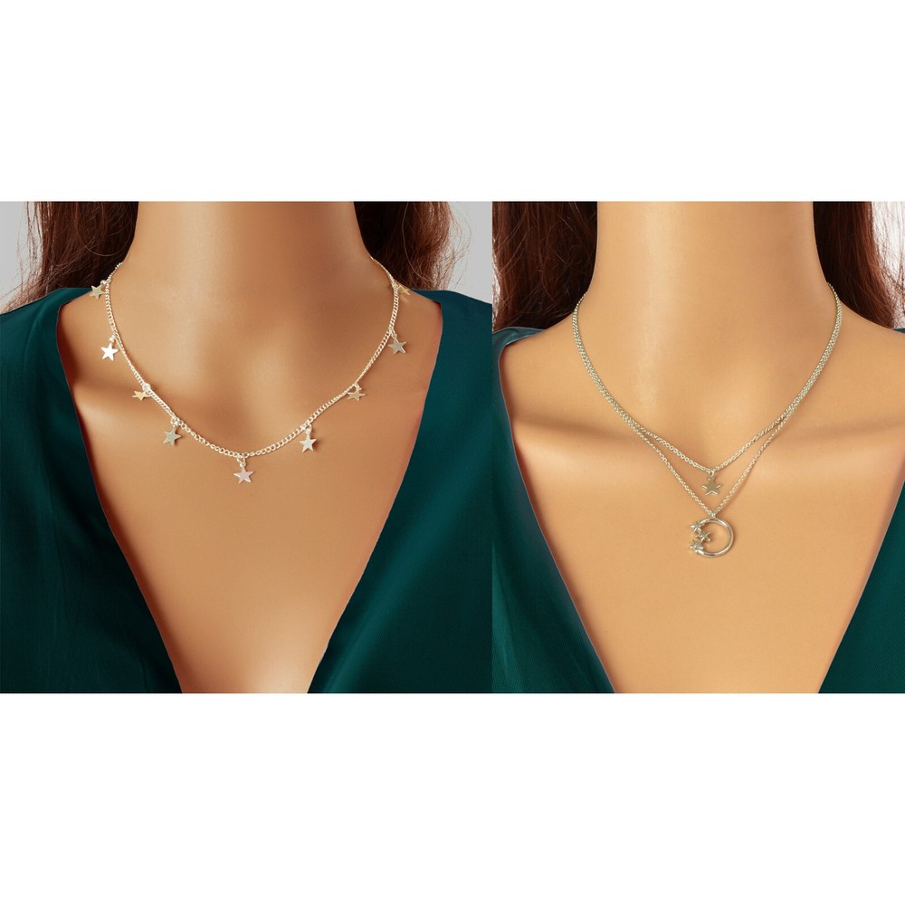 2 style Trendy Layered Silvery Chain Star Charm Circle Pendant Necklace set