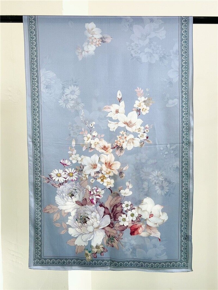 100% Mulberry Satin Silk Shawl Neckerchief Flower Print Oblong Scarf 170cm Blue