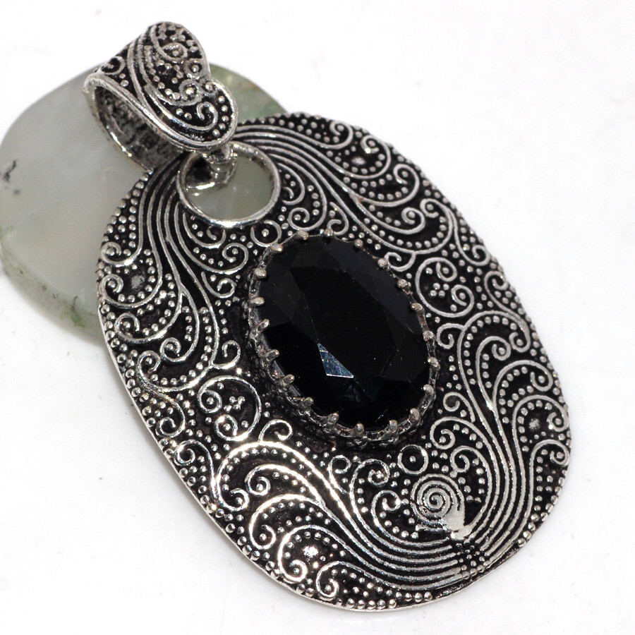 Black Onyx Gemstone 925 Silver Plated Handmade Pendant 1.6