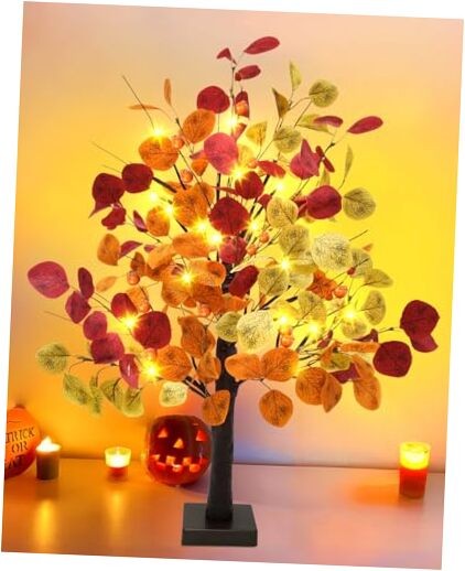 24in Artificial Fall Lighted Eucalyptus Tree with Timer, 24 LED Faux Fall 2ft