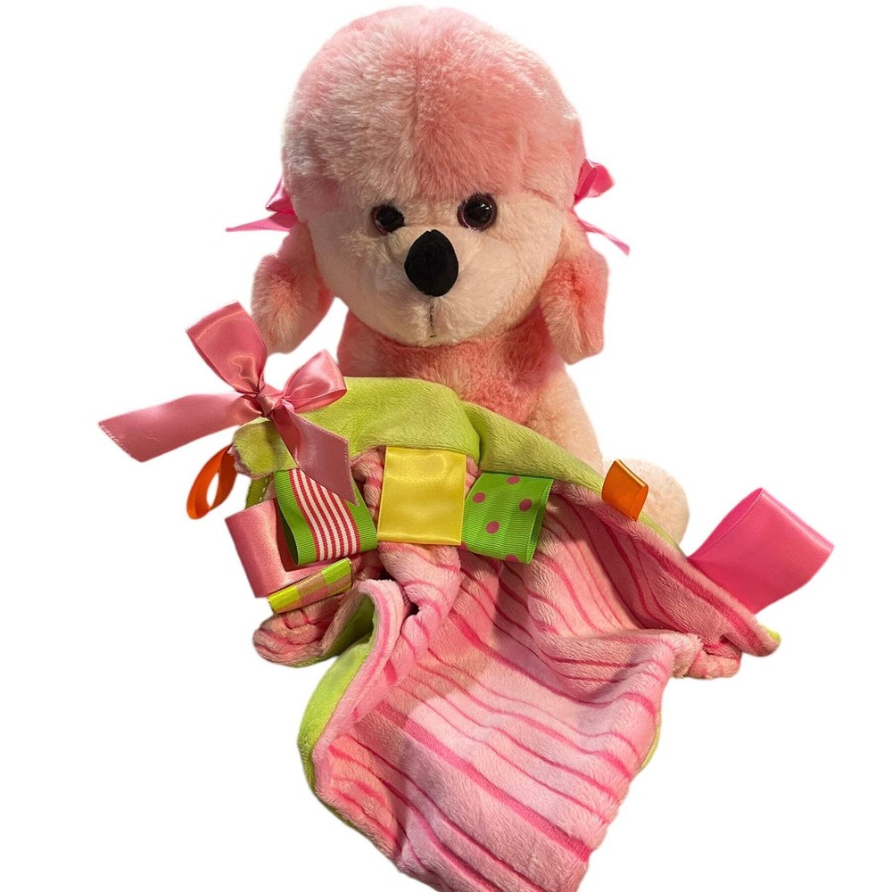 Pink Poodle Plush Toy with Minky Ribbon Tag Lovey Security Blanket