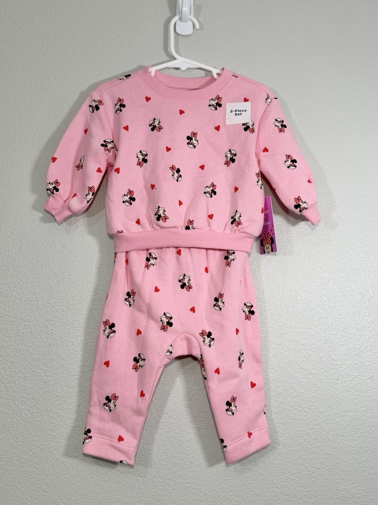 Old Navy Disney Minnie Mouse 2 Piece Set Pink Sweatshirt Pants Outfit Girl 6-12M