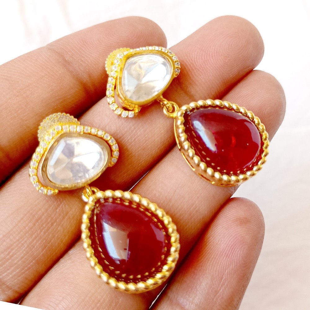 Red Onyx Teardrop Kundan Earring Gold Plated Indian Jewelry Bridal Party Wear
