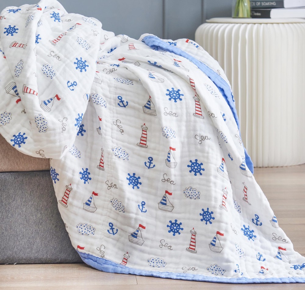 Sailboat Sea Adventure Muslin Blanket Reversible 100% Cotton 6 Layer Quilt Be...