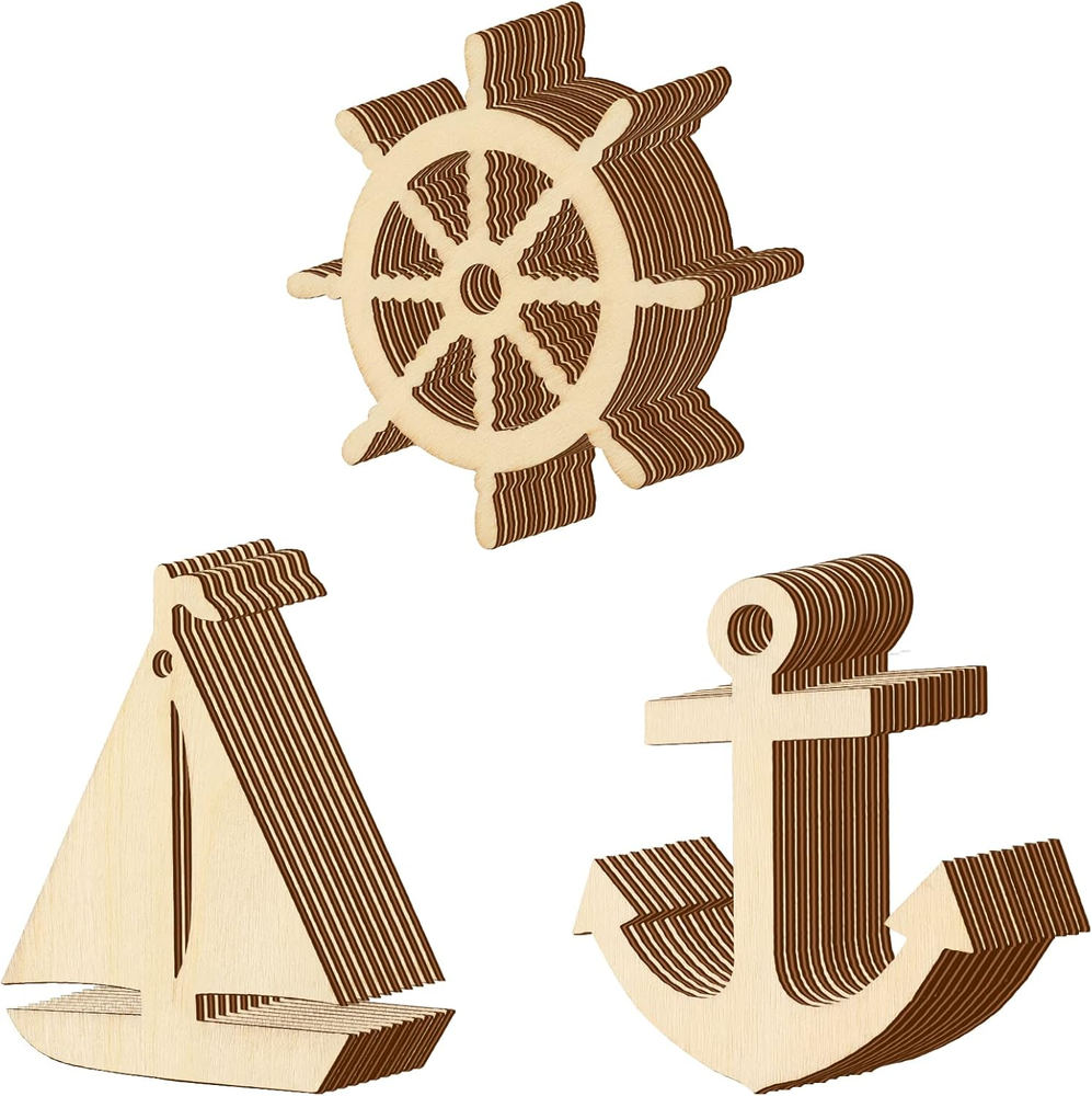 Unfinished Wooden Anchor and Sailboat Wheel Cutouts for Nautical Crafts and Party Decor