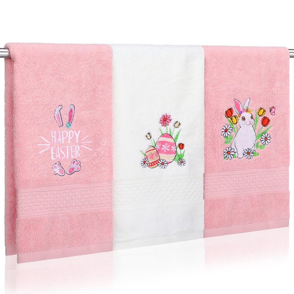 3 Pcs Easter Bunny Eggs Hand Towels for Bathroom 100% Cotton Happy Easter Bat...