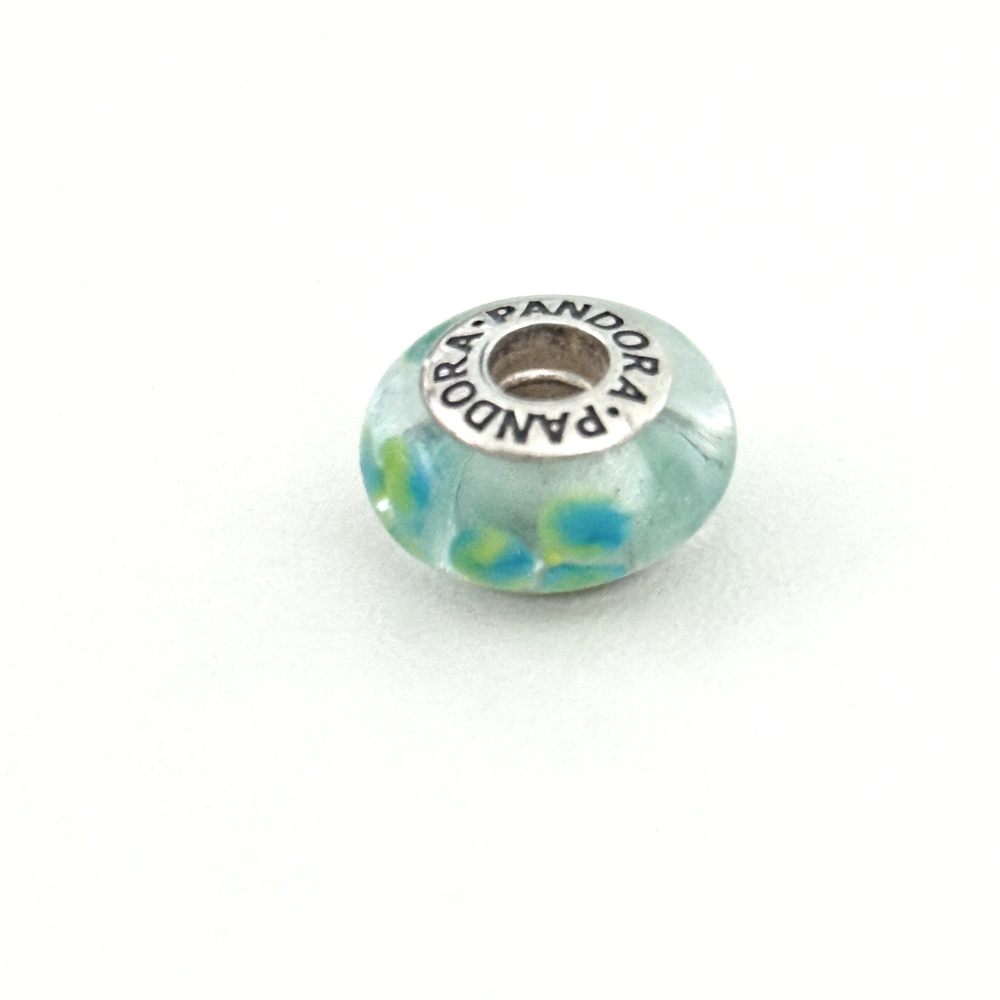 Pandora Blue Green Flowers Floral Murano Glass Sterling Silver Charm