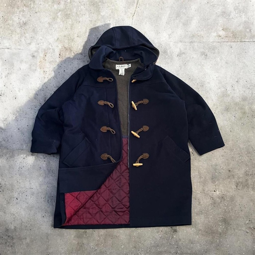 Vintage LL Bean Duffle Coat unisex Large Navy Wool Toggle Hooded Plaid Lined 90s