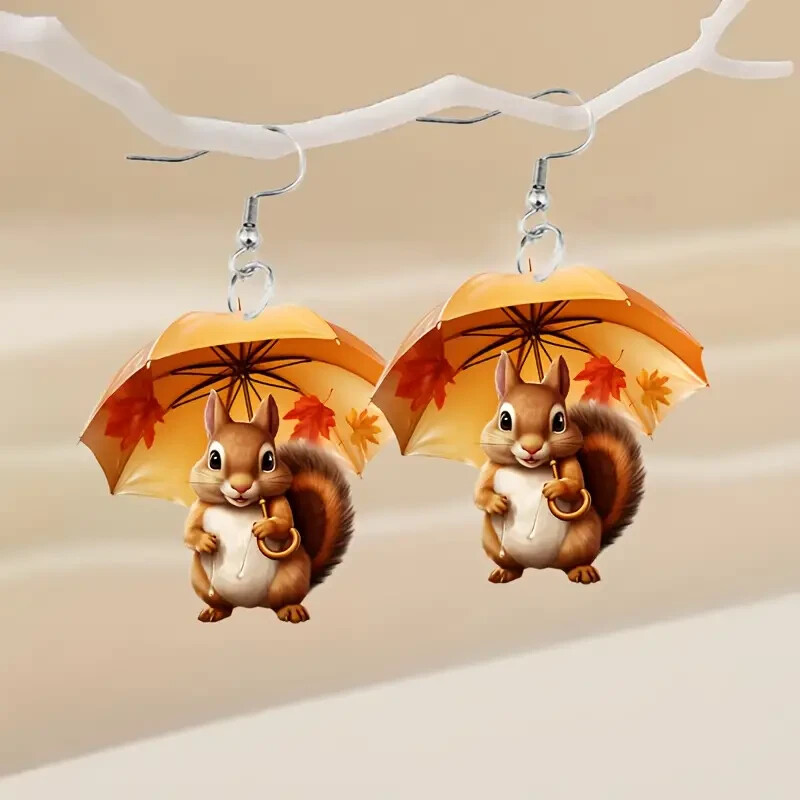 Squirrel Umbrella Acrylic Earrings Lightweight Animal Design Women Girls Gift