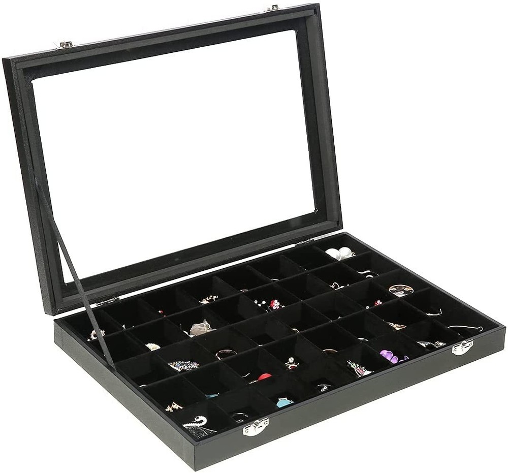 Black 40-Grid Velvet Jewelry Organizer Box with Clear Lid for Earrings & Rings