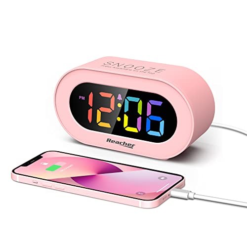 Pink Girls Alarm Clock, Dimmable Colorful LED Digital Pink+colorful Digit