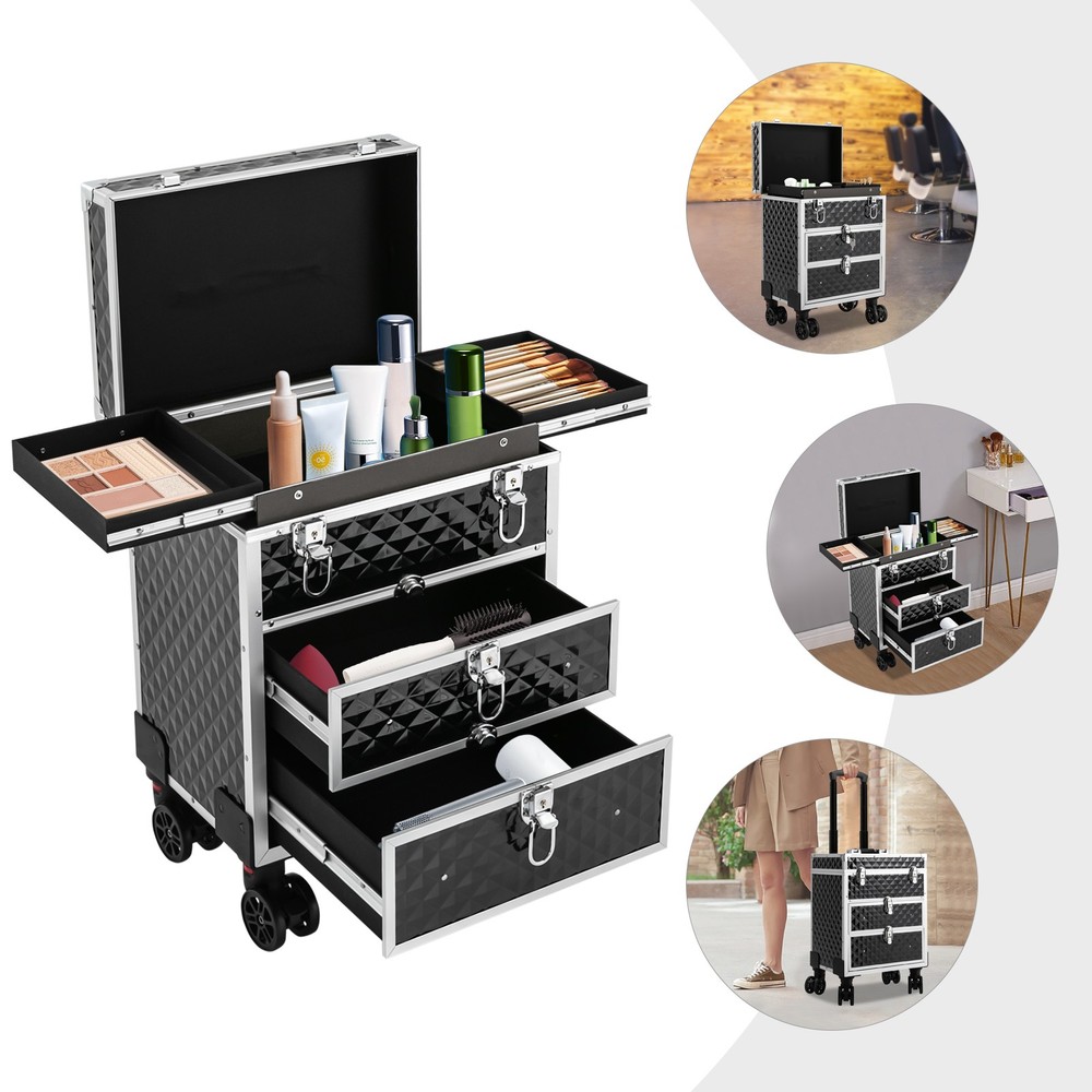 Professional Makeup Case Rolling Cosmetology Case with Sliding Drawers Black US