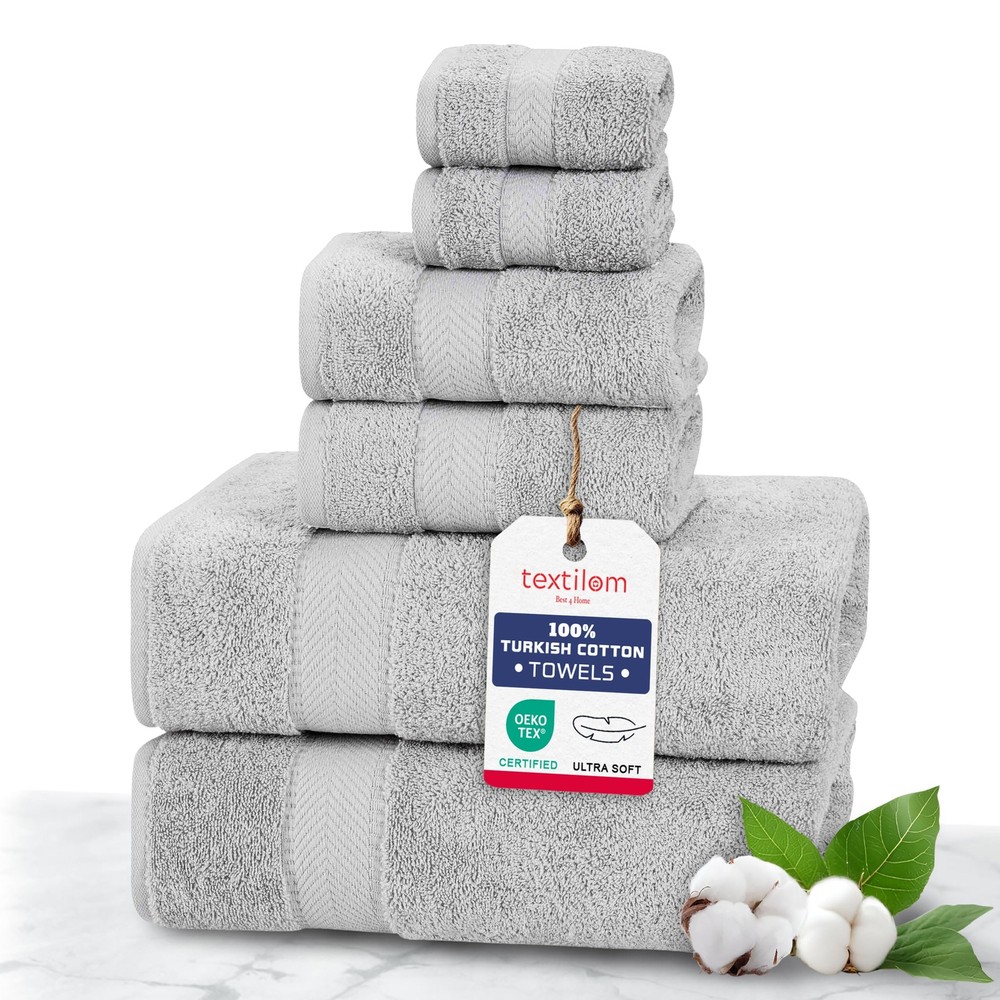6 Pcs Soft Absorbent Turkish Cotton Bath Towels in Light Grey for Travel