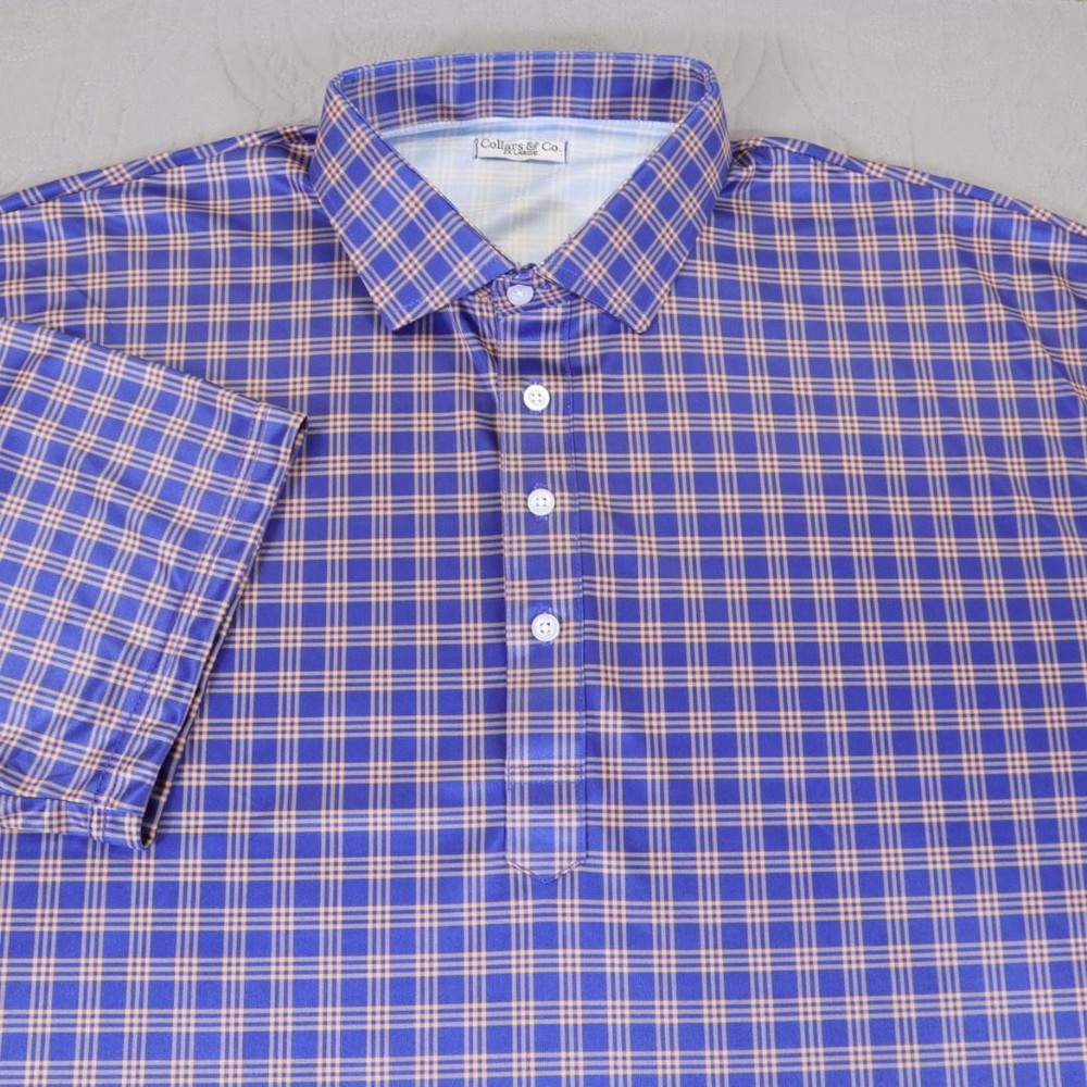 Collars & Co Polo Shirt Mens 2XL Blue Plaid Dress Collar Short Sleeve Golf Knit