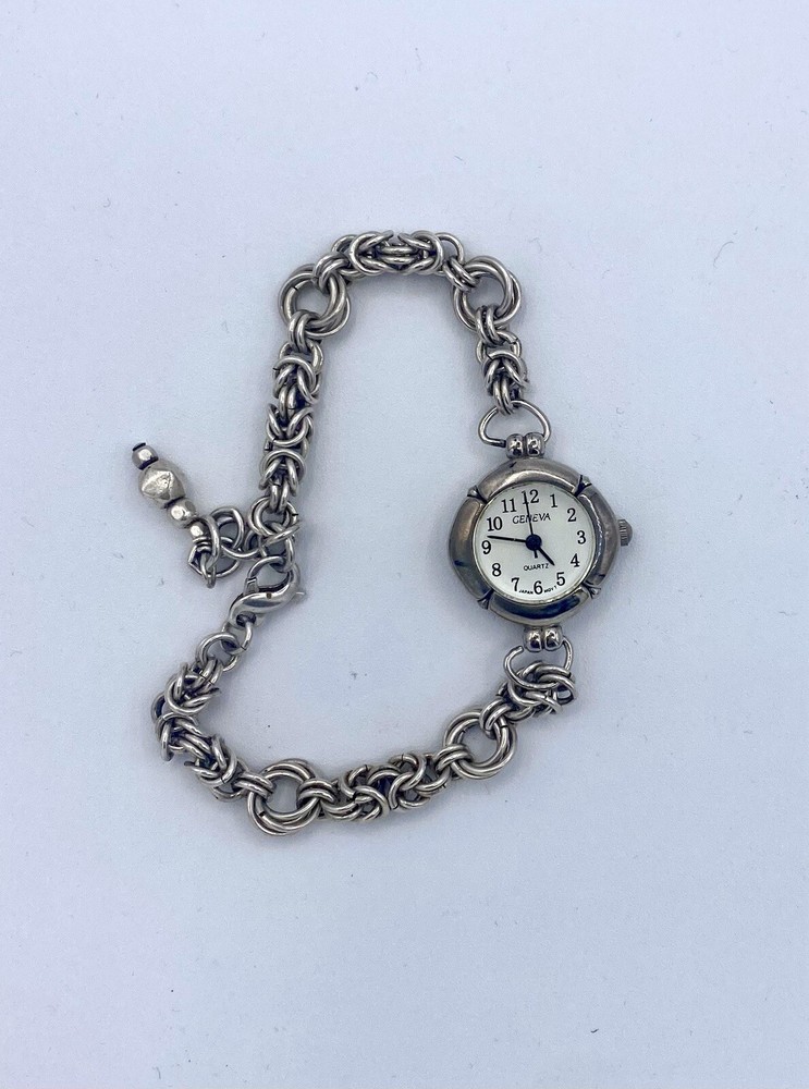 Geneva Ladies Quartz Sterling Silver Wrist Watch —Plus Size Bracelet! Works!