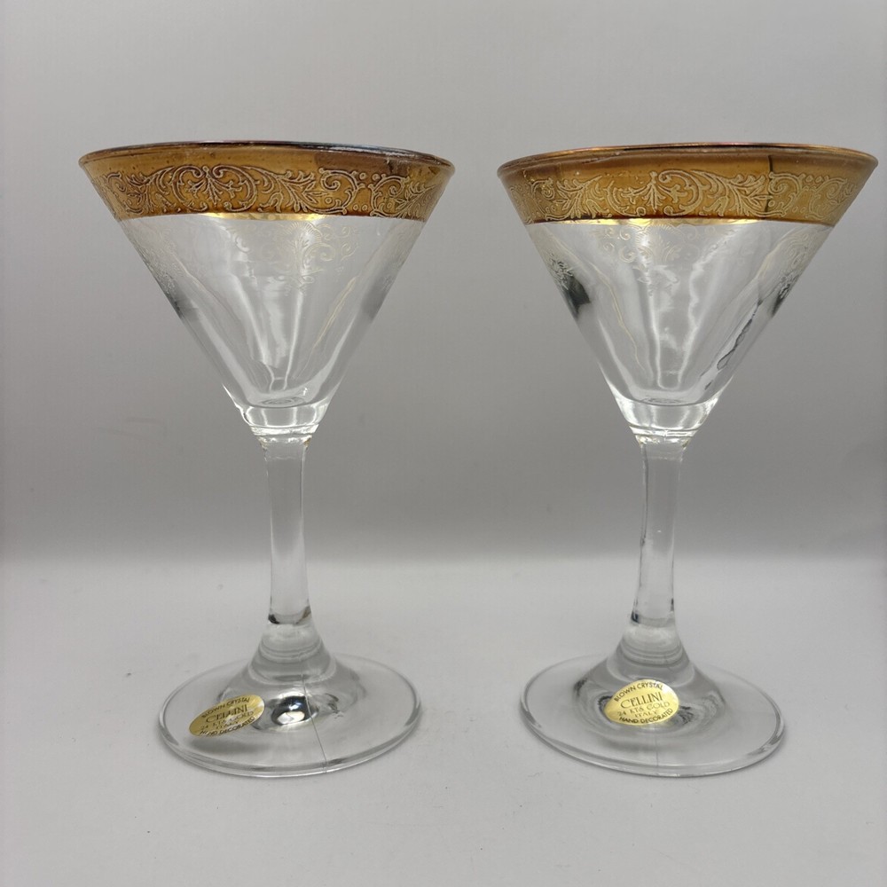 Pair Cellini Blown Crystal Champagne Glasses Hand Decorated 24 Karat Gold~Italy