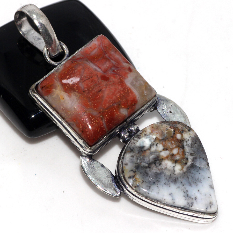 Bloodstone Dendritic Opal 925 Silver Plated Long Gemstone Pendant 2.5